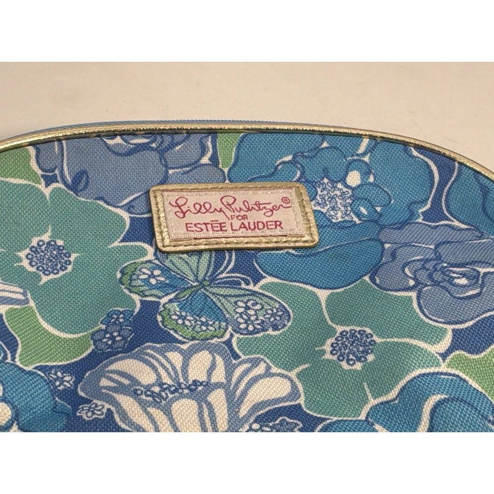 Lilly Pulitzer for Estee Lauder Blue Floral Butterfly Cosmetic Makeup Bag NWOT